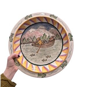 Hand Painted Fishing Dogs Decorative Ceramic Platter Trout Cabin Western‎ Plate